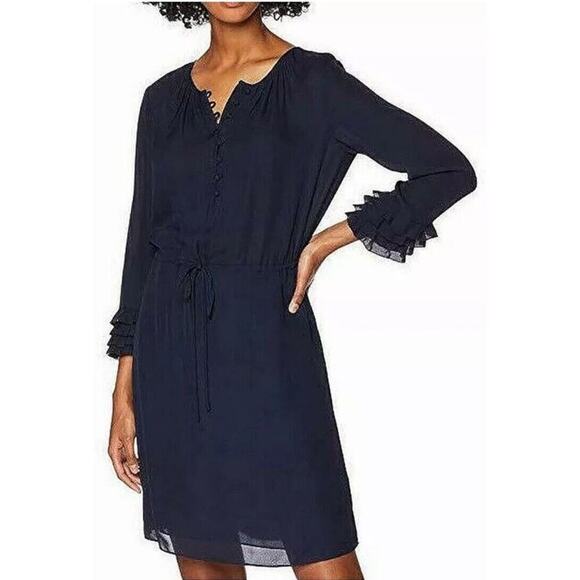 Rebecca Taylor Silk Ruffle 3/4  Sleeve Dress Size 2 Navy Business Minimal - Picture 1 of 14